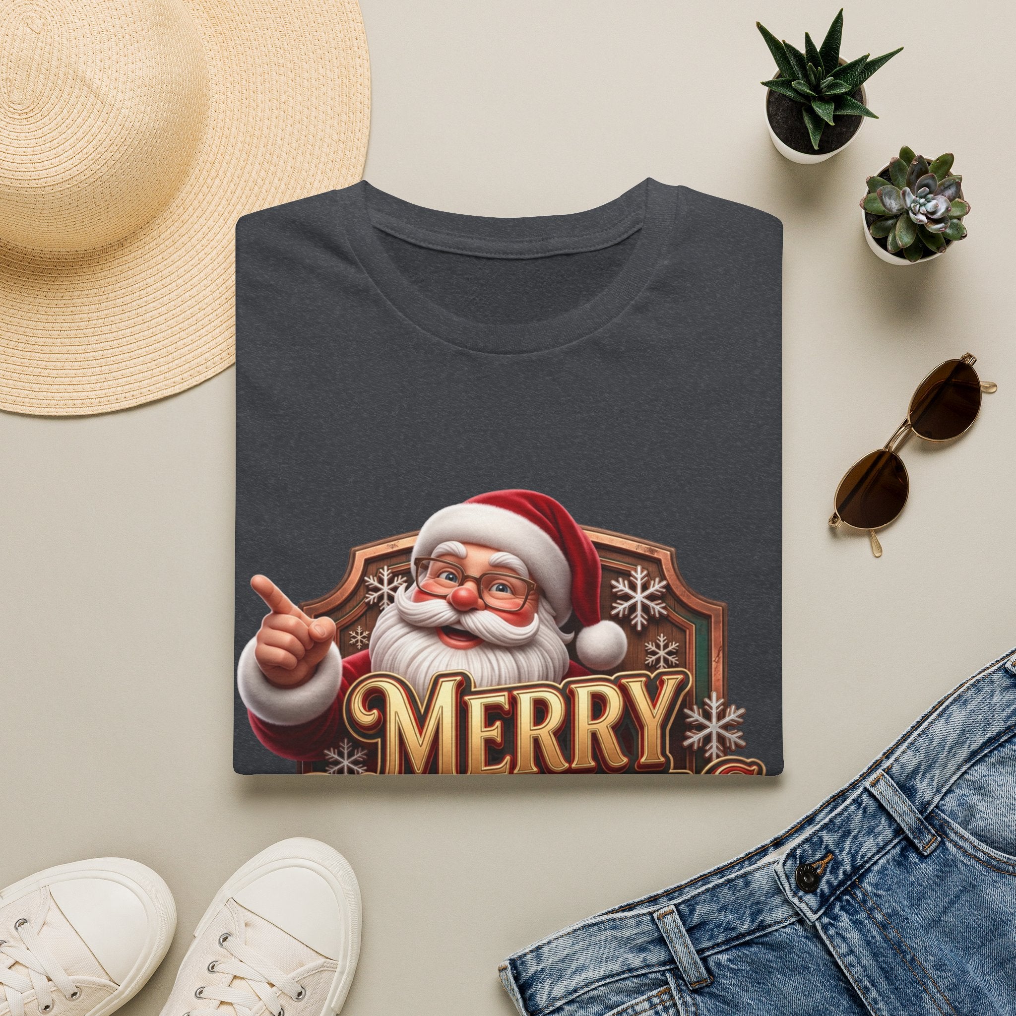 Vintage Santa Merry Christmas Badge print on a Dark Heather Grey t-shirt, folded beside a straw hat and jeans