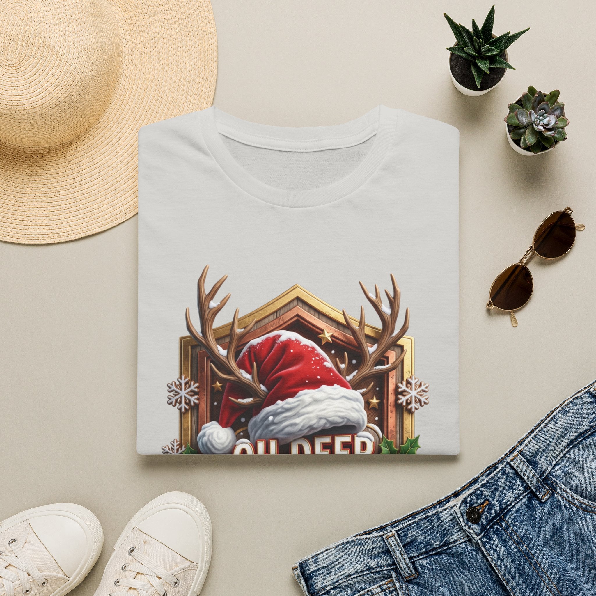 Oh Deer It's Christmas Looks a Lot Like Cocktails print on an Ice Grey t-shirt, folded beside a straw hat and jeans