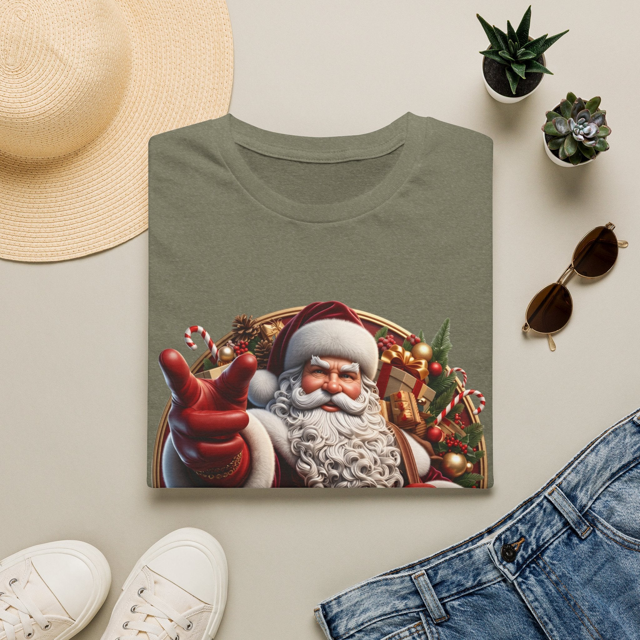 Santa You're On The List Pointing print on a Heather Military Green t-shirt, folded beside a straw hat and jeans