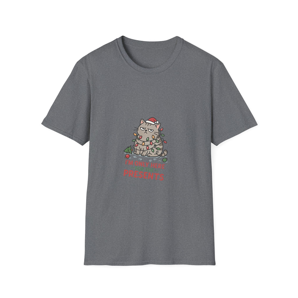 Funny Cat I'm Only Here for the Presents print on the front of a Graphite Heather t-shirt, laid flat on white