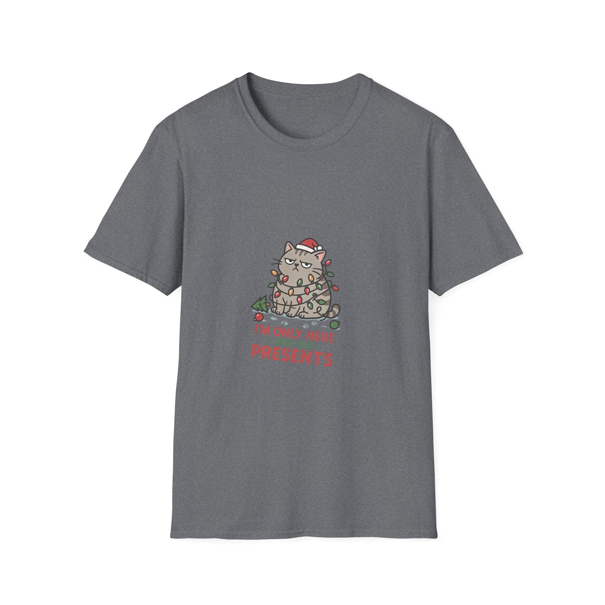 Funny Cat I'm Only Here for the Presents print on the front of a Graphite Heather t-shirt, laid flat on white