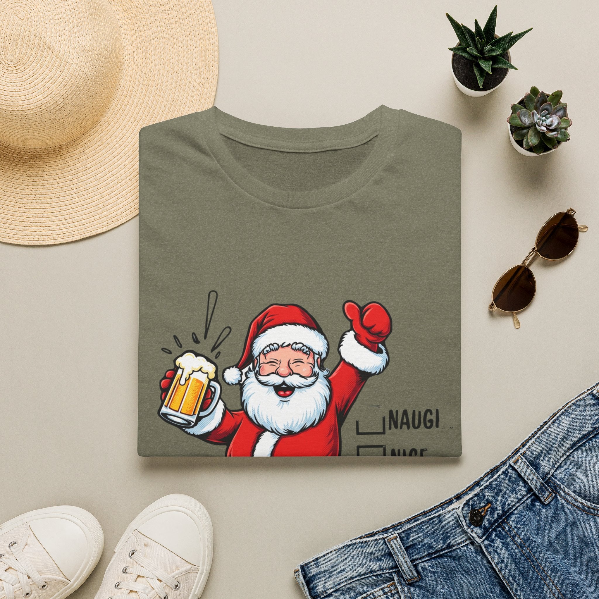 Naughty Nice Drunk Santa Beer Checklist print on a Heather Military Green t-shirt, folded beside a straw hat and jeans