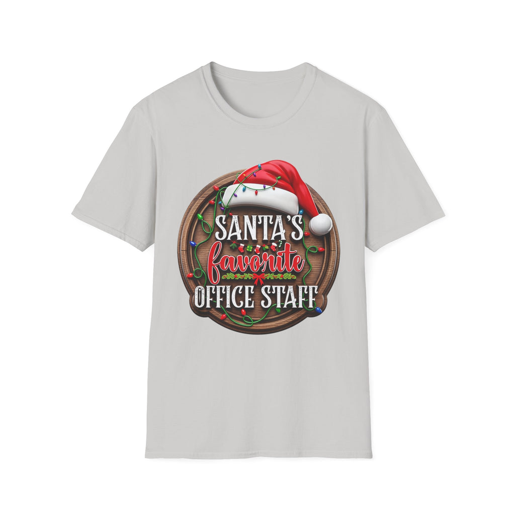 Santa's Favorite Office Staff print on the front of an Ice Grey t-shirt, laid flat on white