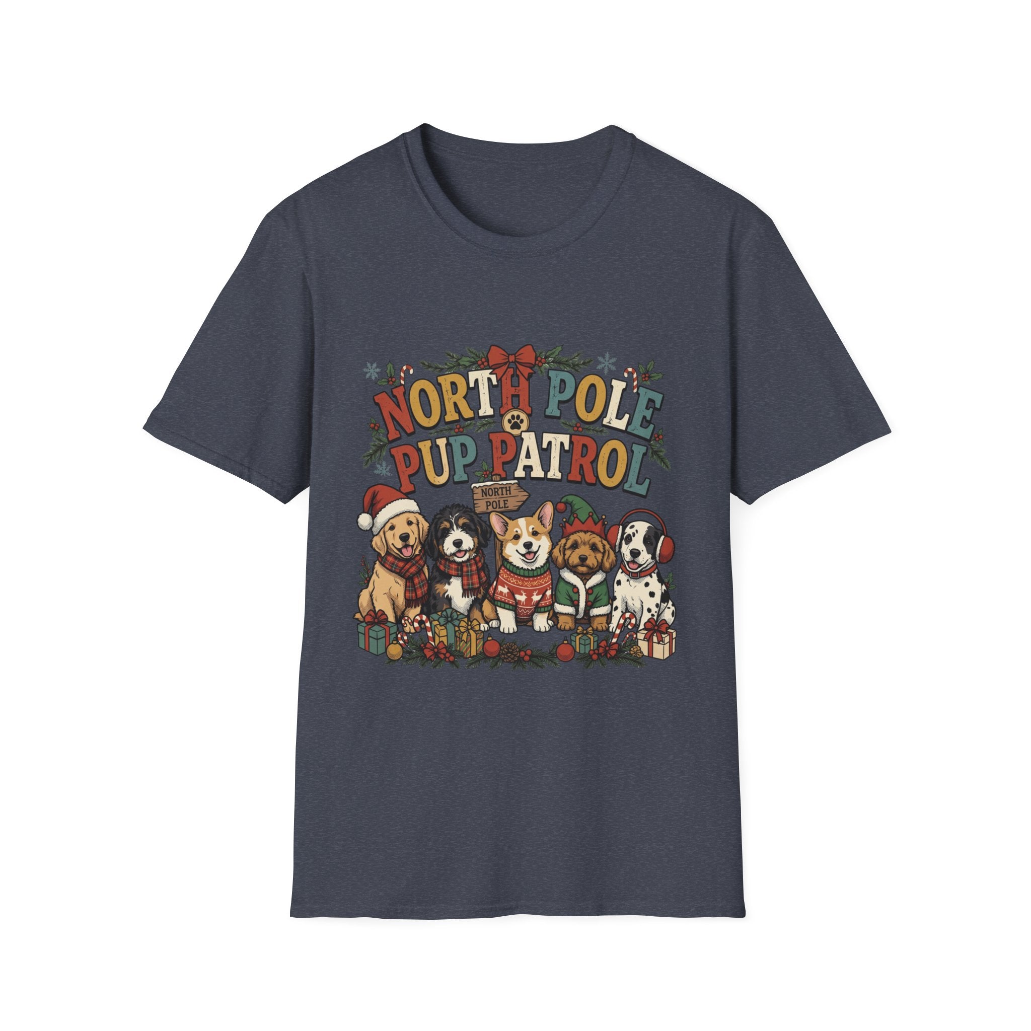 North Pole Pup Patrol Christmas Dogs print on the front of a Heather Navy t-shirt, laid flat on white