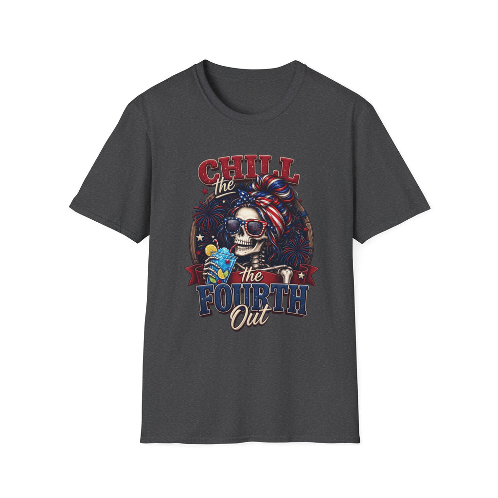Chill the Fourth Out Patriotic Skeleton 4th of July print on the front of a Dark Heather t-shirt, laid flat on white