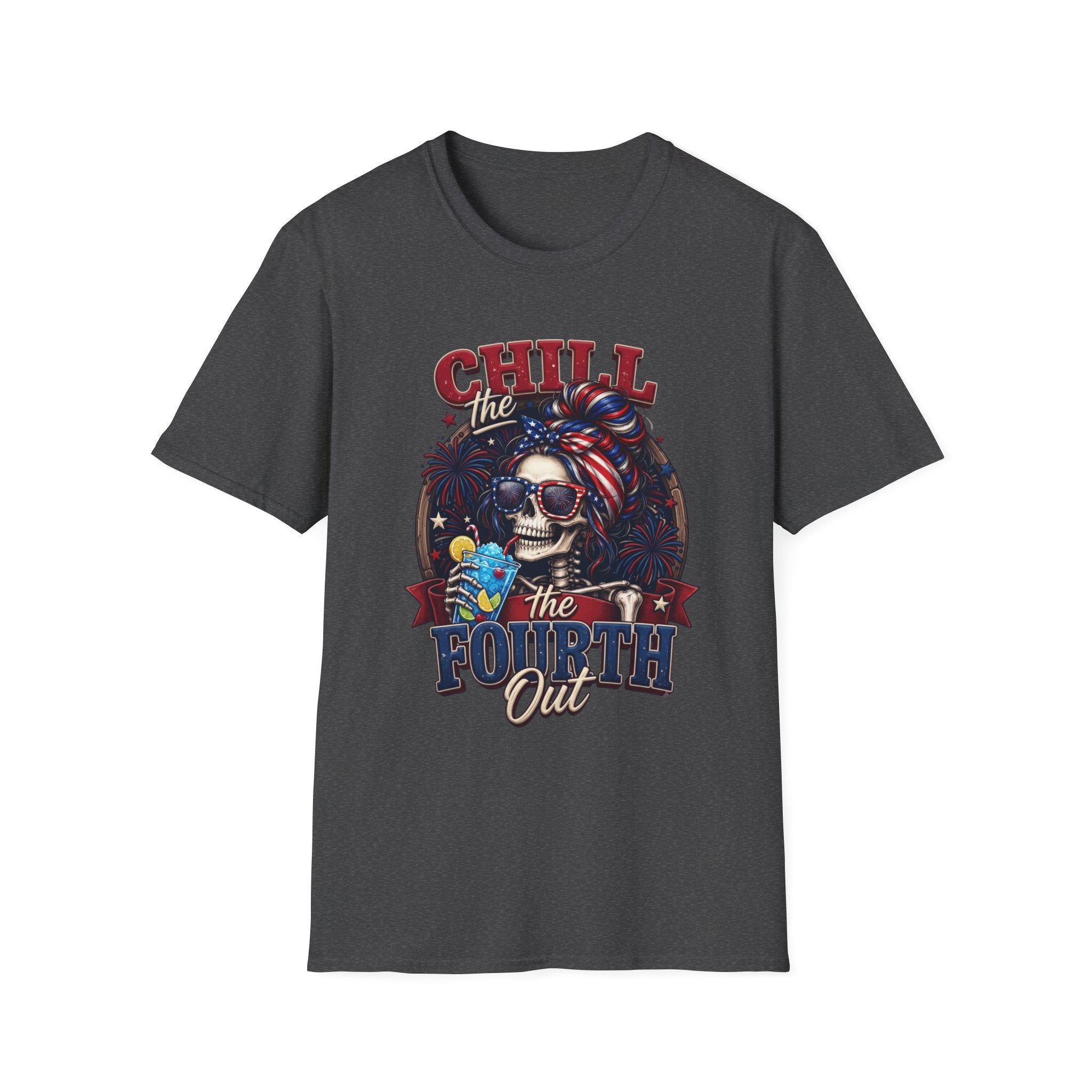 Chill the Fourth Out Patriotic Skeleton 4th of July print on the front of a Dark Heather t-shirt, laid flat on white