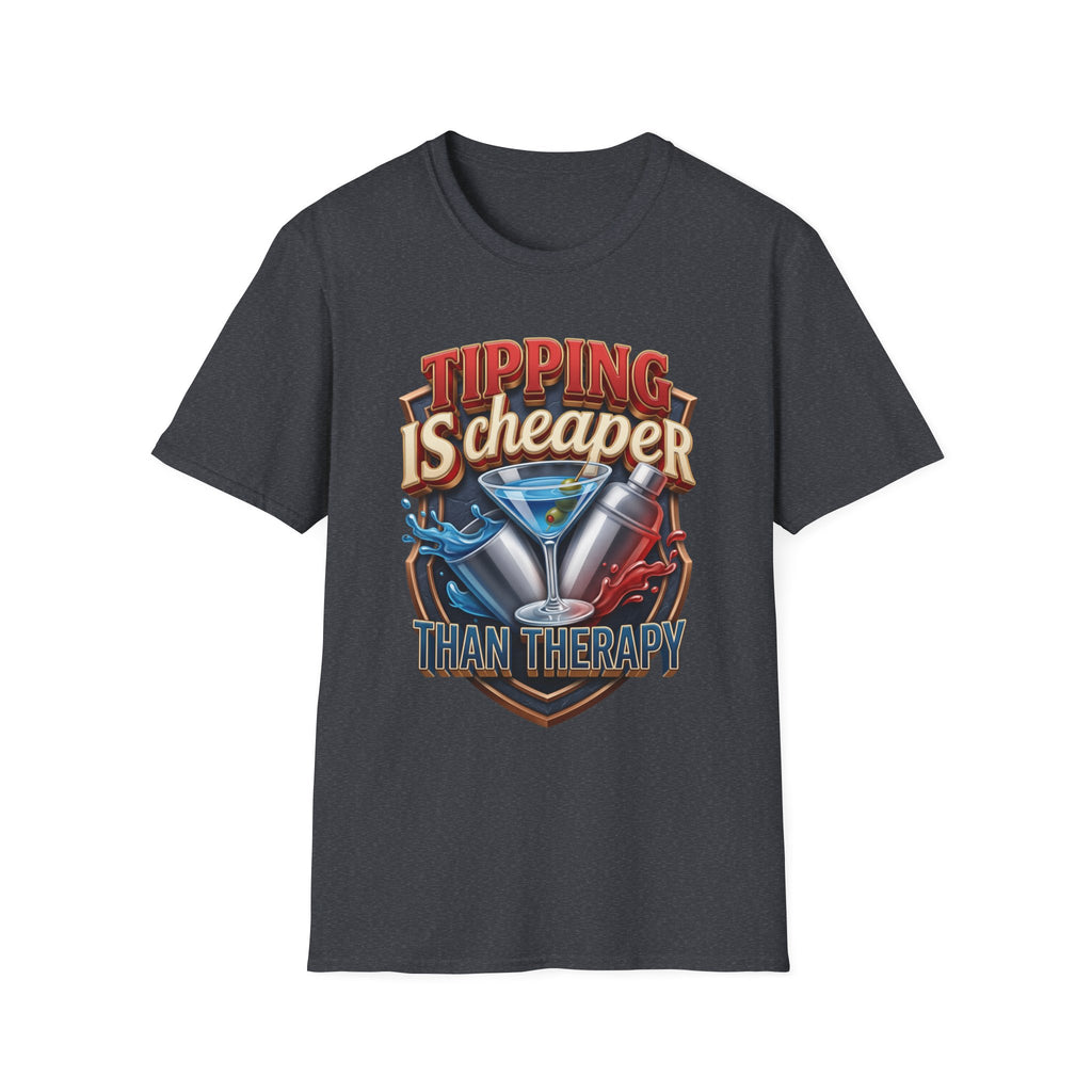 Tipping Is Cheaper Than Therapy Bartender print on the front of a Dark Heather Grey t-shirt, laid flat on white