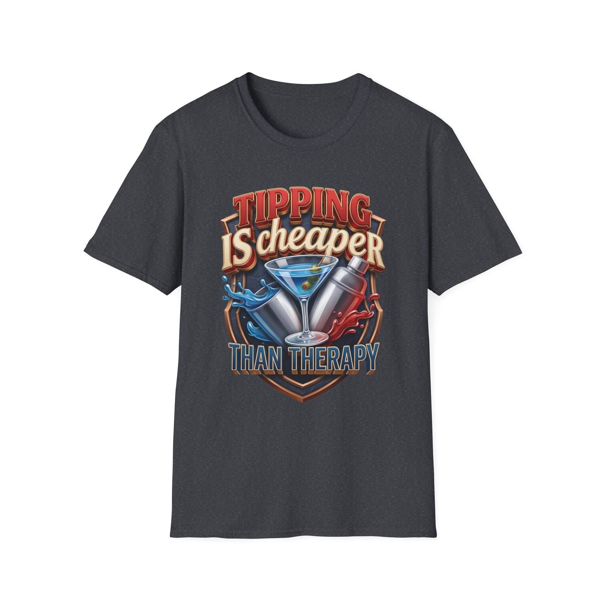 Tipping Is Cheaper Than Therapy Bartender print on the front of a Dark Heather Grey t-shirt, laid flat on white