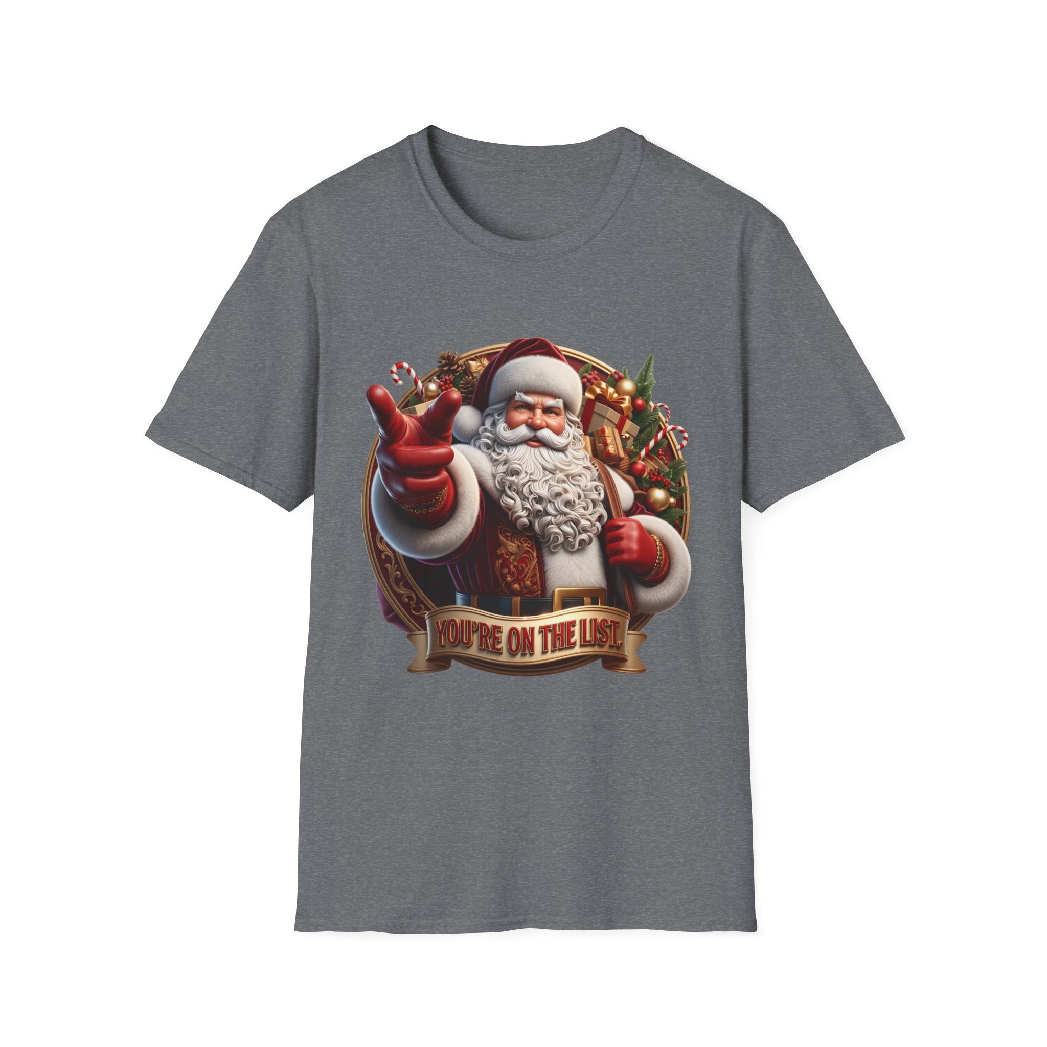 Santa You're On The List Pointing print on the front of a Graphite Heather t-shirt, laid flat on white