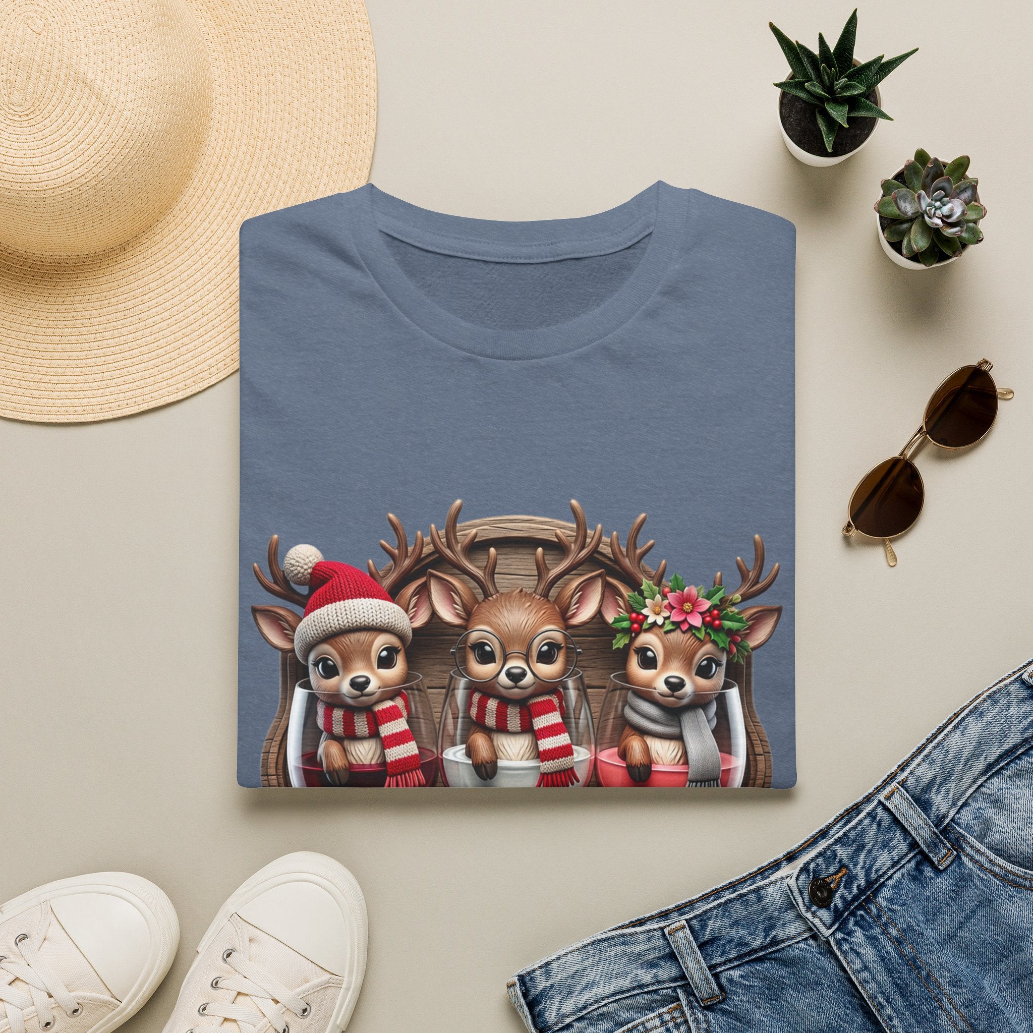 Drink Drank Drunk Reindeer Wine Trio print on a Heather Indigo t-shirt, folded beside a straw hat and jeans