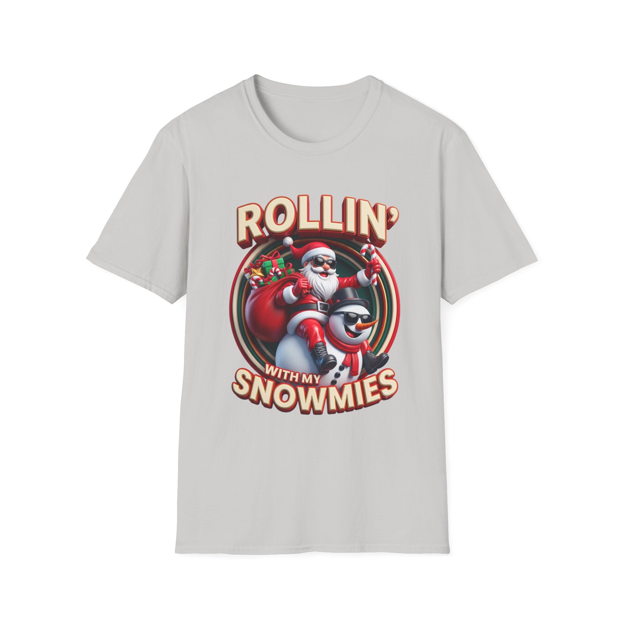 Rollin' with My Snowmies Santa & Snowman print on the front of an Ice Grey t-shirt, laid flat on white
