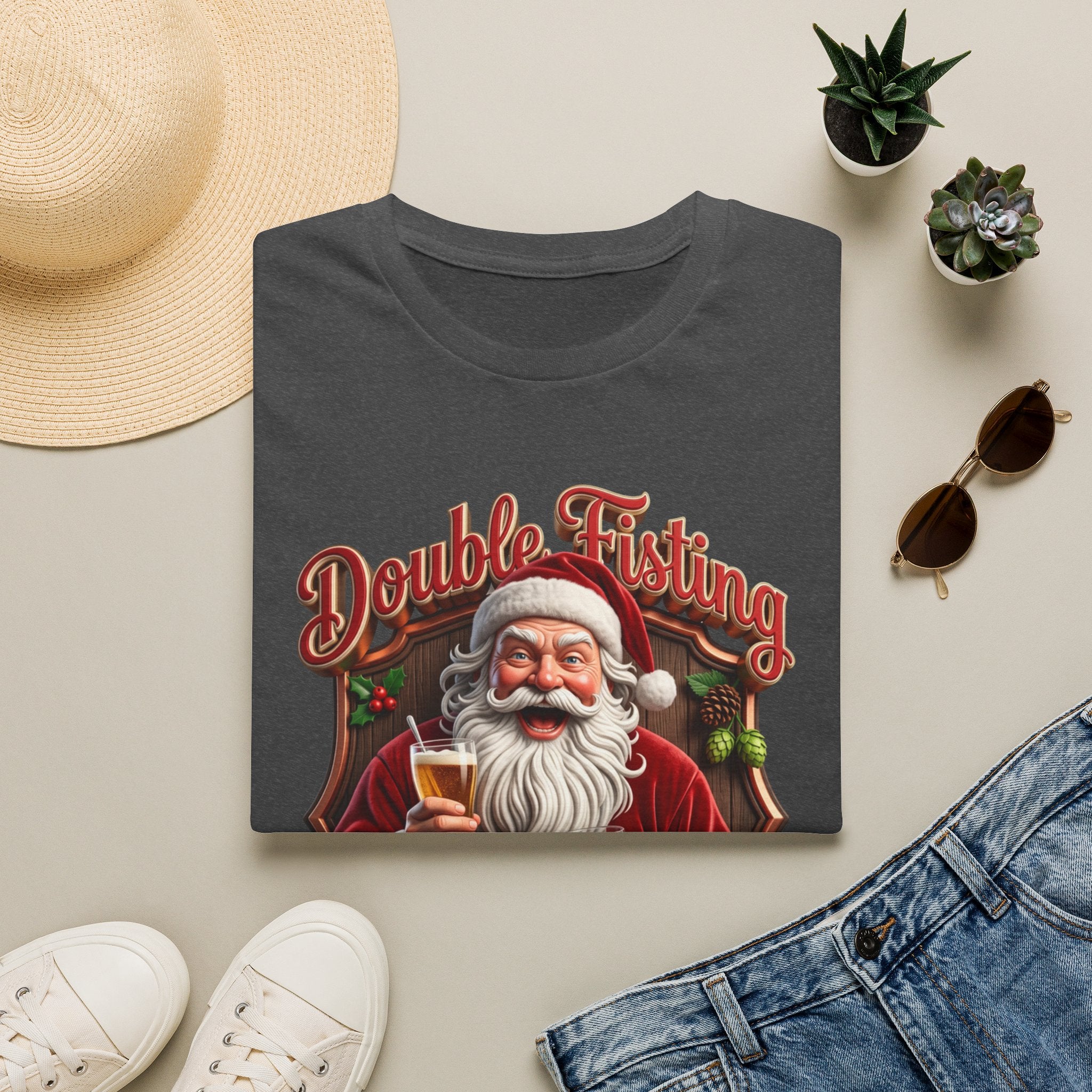 Santa Beer in Each Hand Funny print on a Dark Heather t-shirt, folded beside a straw hat and jeans