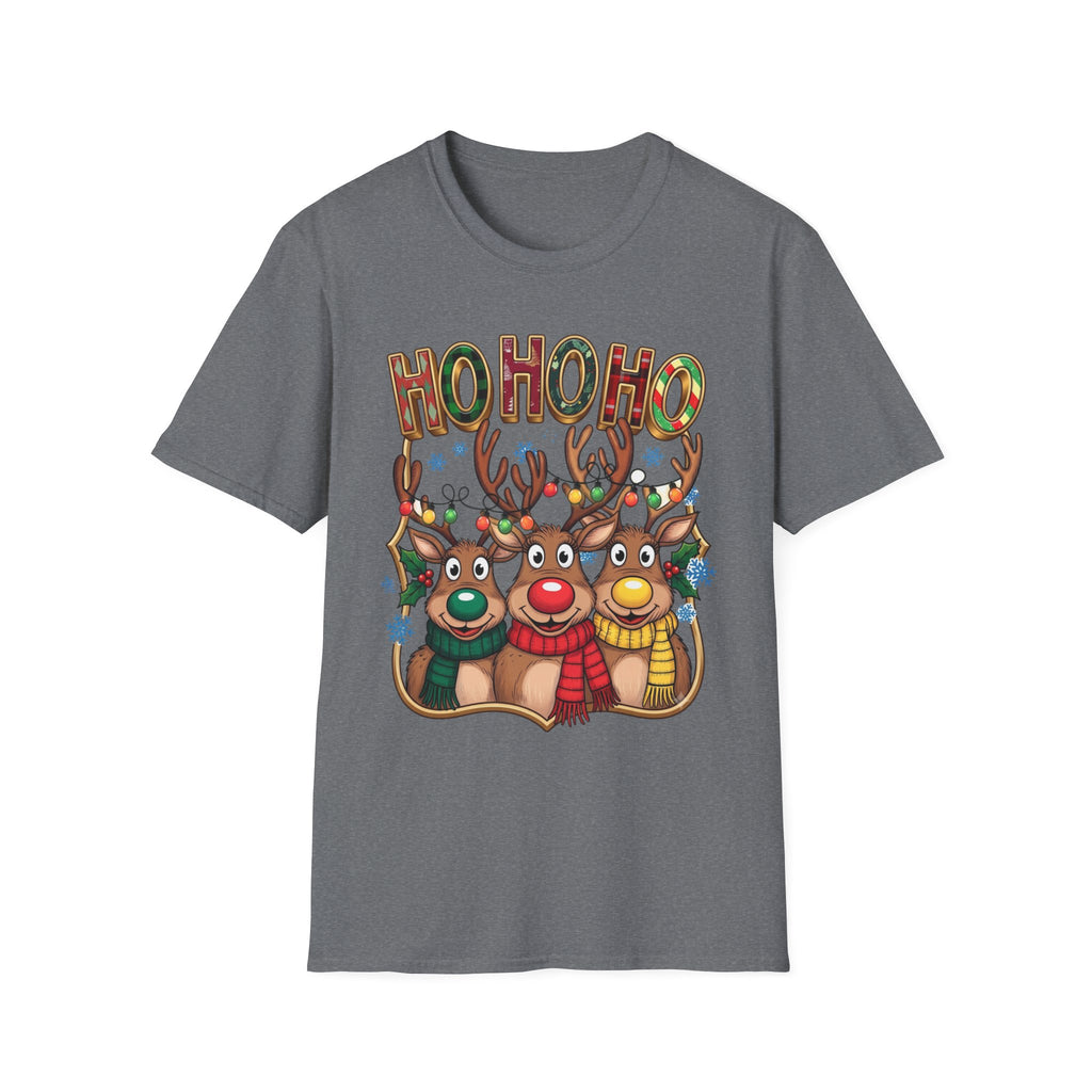 Reindeer Trio Ho Ho Ho Christmas Lights print on the front of a Graphite Heather t-shirt, laid flat on white