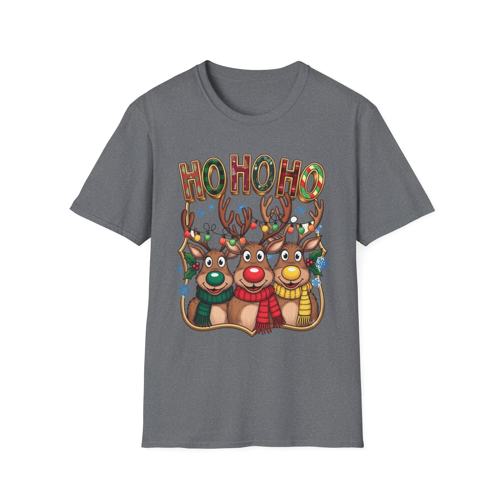 Reindeer Trio Ho Ho Ho Christmas Lights print on the front of a Graphite Heather t-shirt, laid flat on white