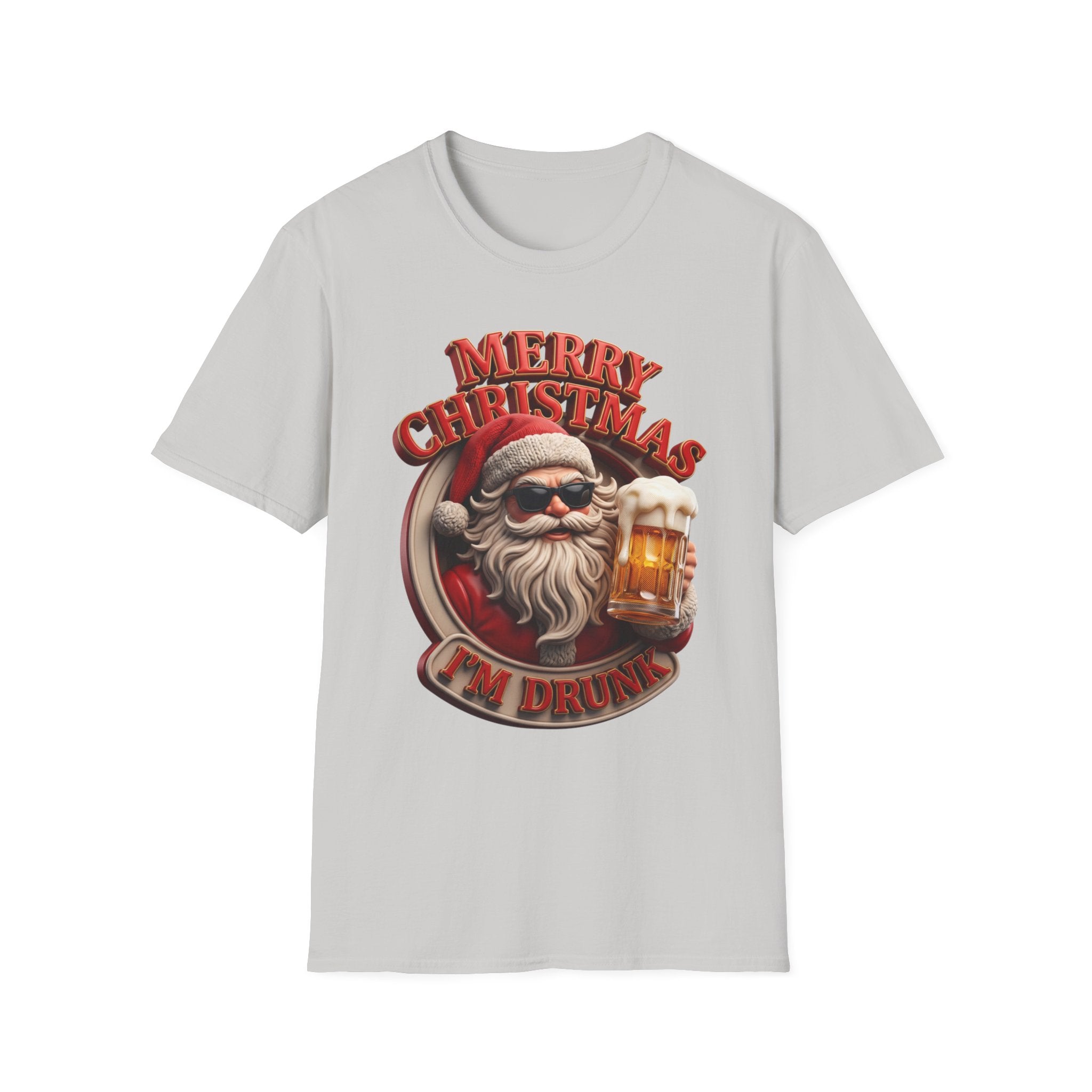 Merry Christmas I'm Drunk Santa print on the front of an Ice Grey t-shirt, laid flat on white