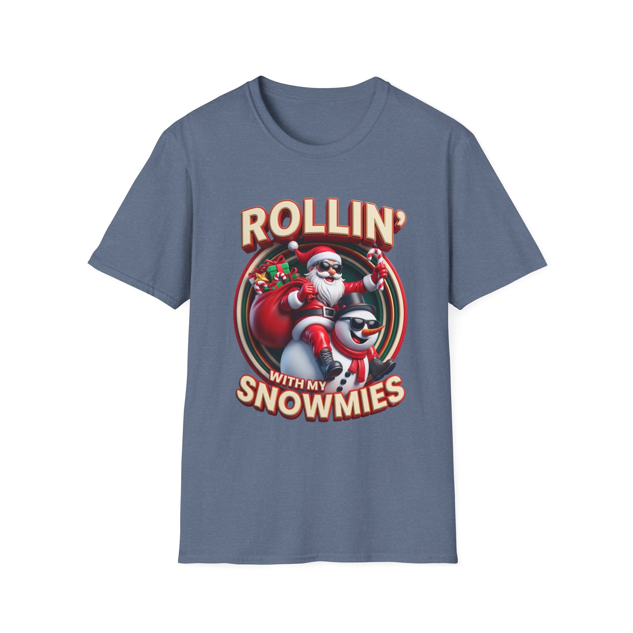 Rollin' with My Snowmies Santa & Snowman print on the front of a Heather Indigo t-shirt, laid flat on white