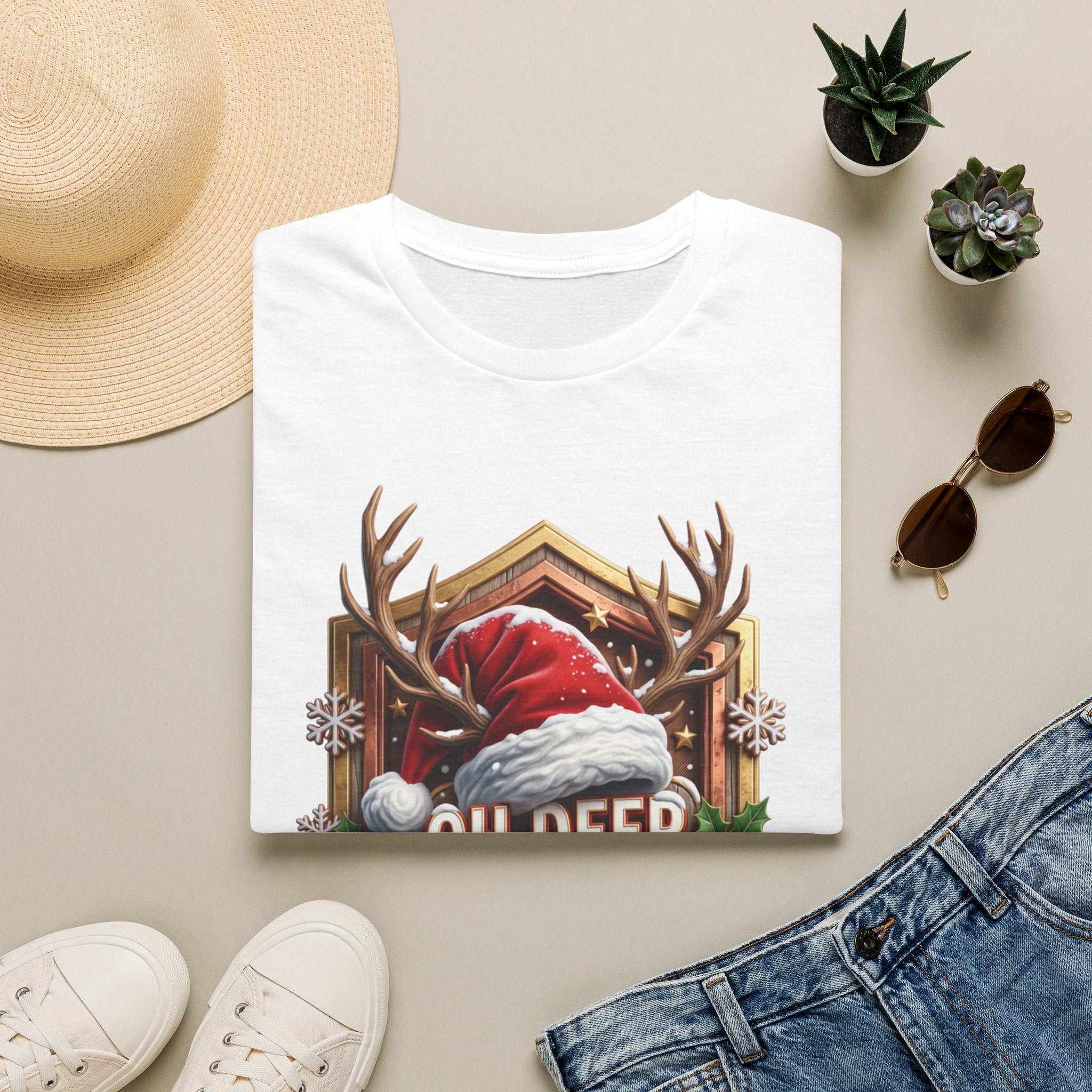 Oh Deer It's Christmas Looks a Lot Like Cocktails print on a White t-shirt, folded beside a straw hat and jeans