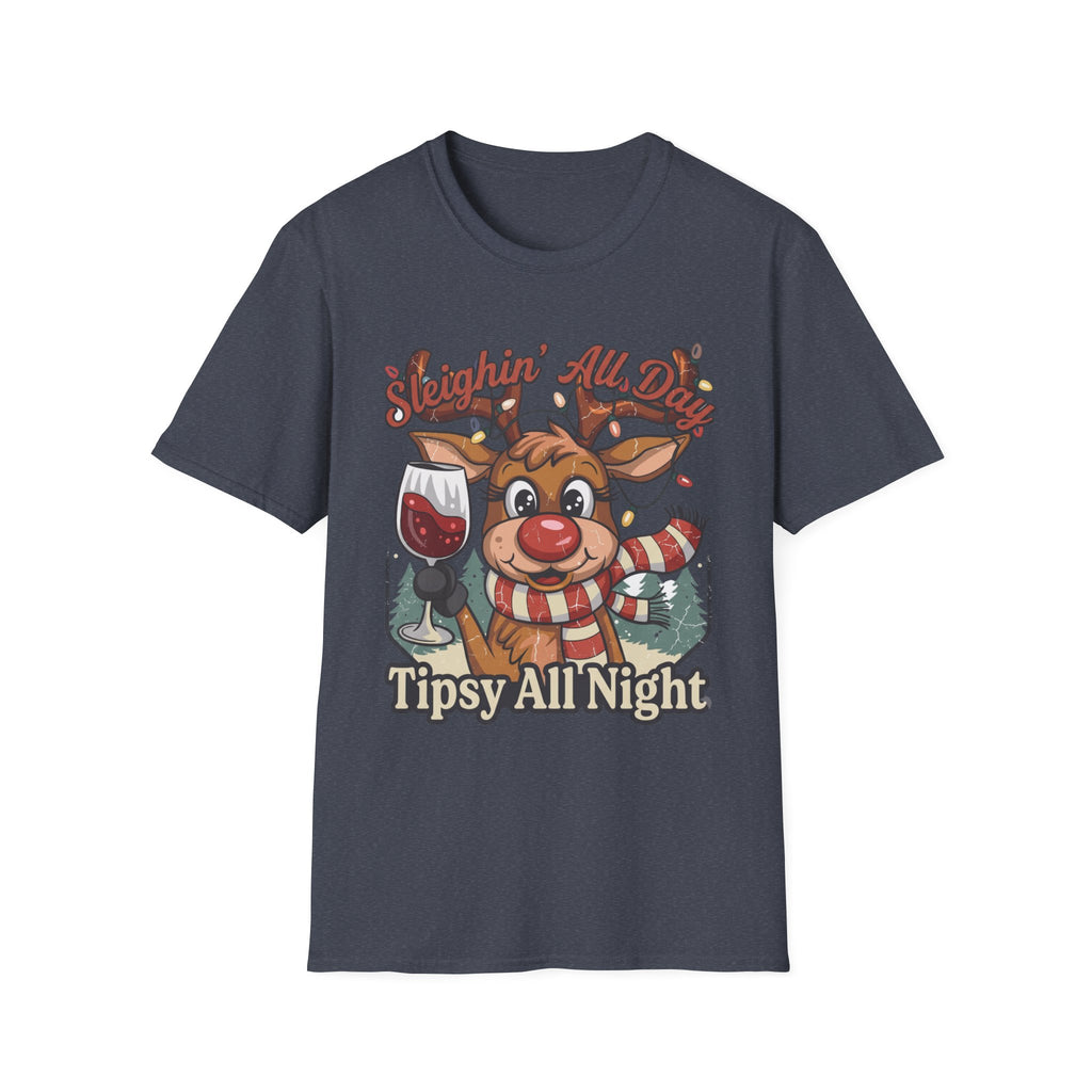 Reindeer Sleighin' All Day Tipsy All Night print on the front of a Heather Navy t-shirt, laid flat on white