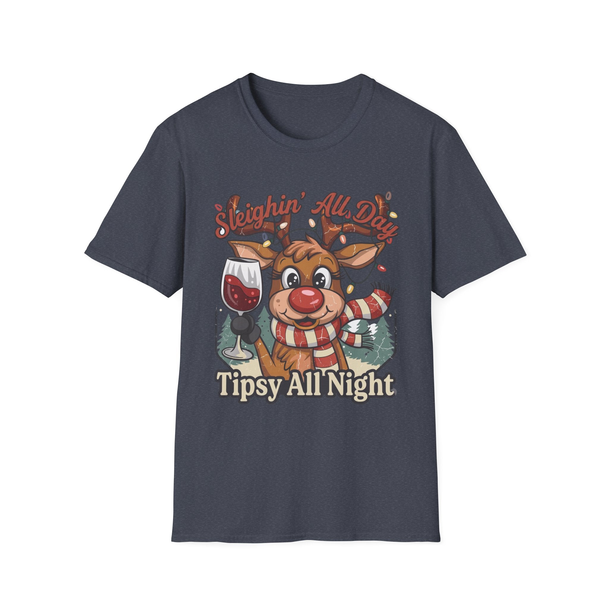 Reindeer Sleighin' All Day Tipsy All Night print on the front of a Heather Navy t-shirt, laid flat on white