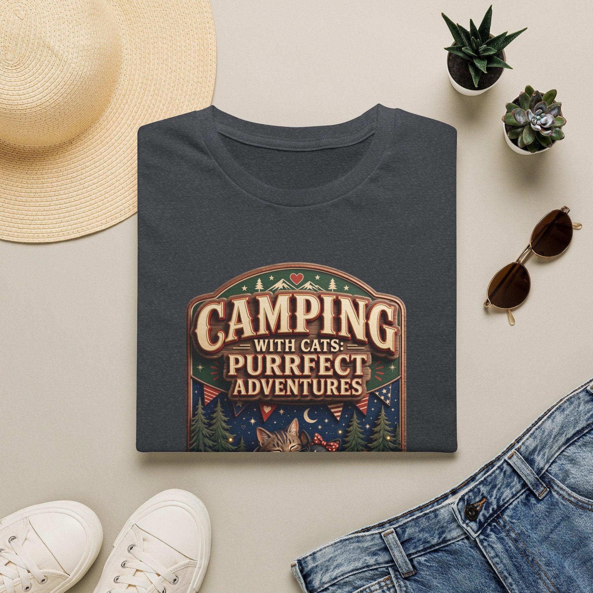 Camping With Cats Purrfect Adventures print on a Dark Heather Grey t-shirt, folded beside a straw hat and jeans