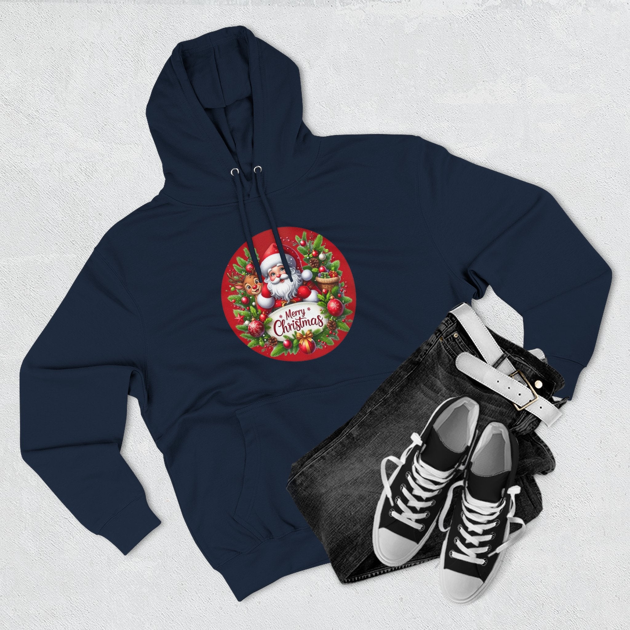 Santa & Reindeer Merry Christmas Wreath Hoodie