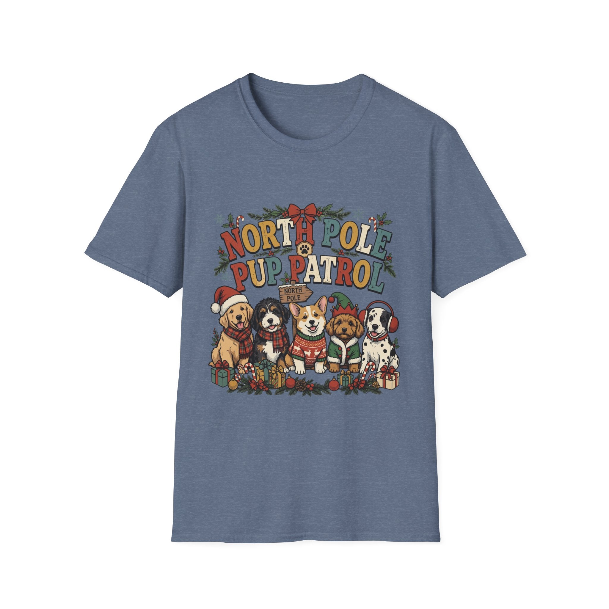 North Pole Pup Patrol Christmas Dogs print on the front of a Heather Indigo t-shirt, laid flat on white