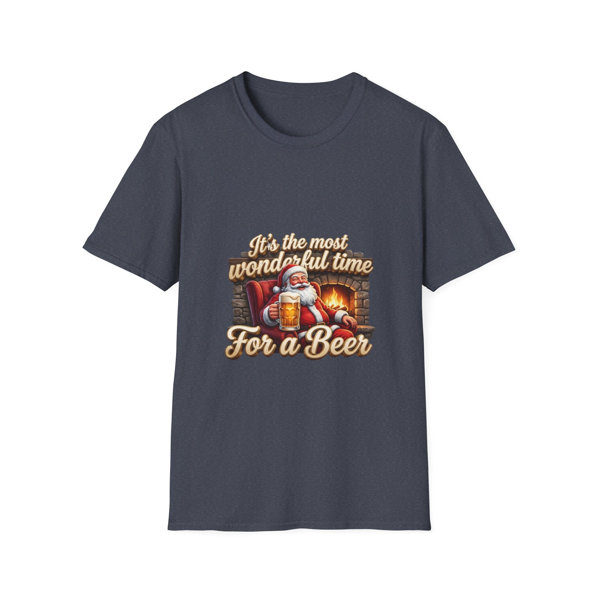 Most Wonderful Time for a Beer Santa print on the front of a Heather Navy t-shirt, laid flat on white