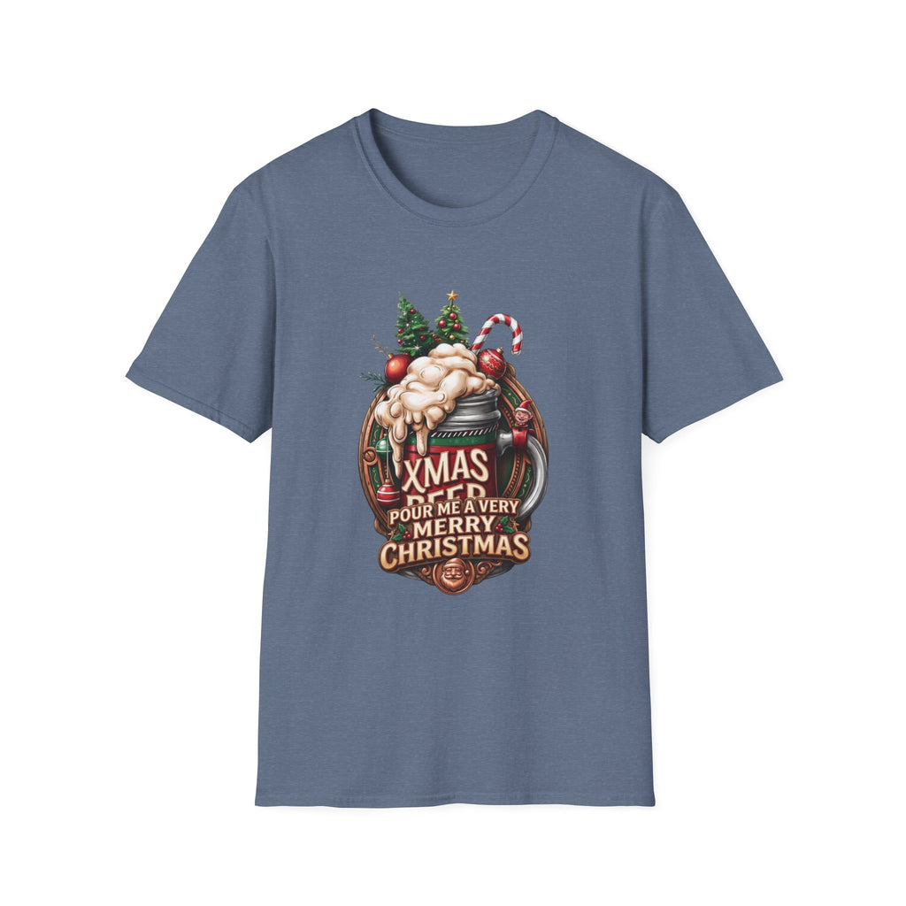 XMAS Beer Pour Me a Very Merry Christmas print on the front of a Heather Indigo t-shirt, laid flat on white
