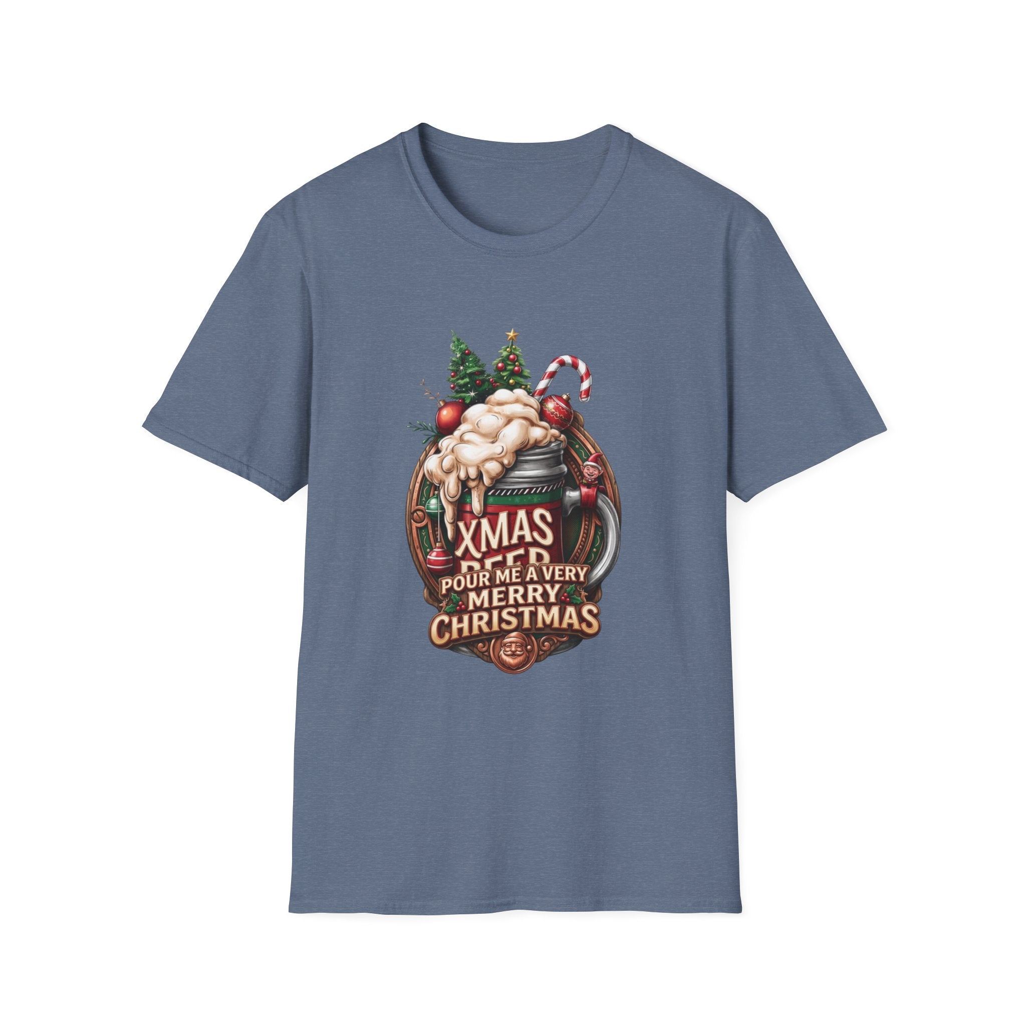 XMAS Beer Pour Me a Very Merry Christmas print on the front of a Heather Indigo t-shirt, laid flat on white