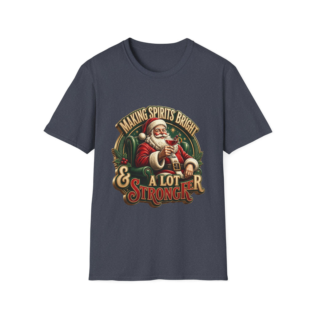 Making Spirits Bright and Stronger Santa print on the front of a Heather Navy t-shirt, laid flat on white