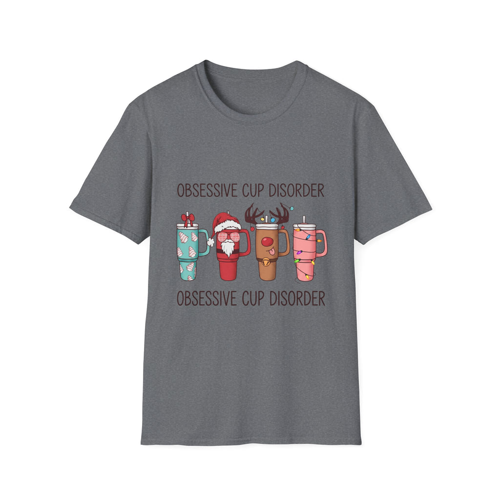 Obsessive Cup Disorder Funny Christmas Tumbler print on the front of a Graphite Heather t-shirt, laid flat on white