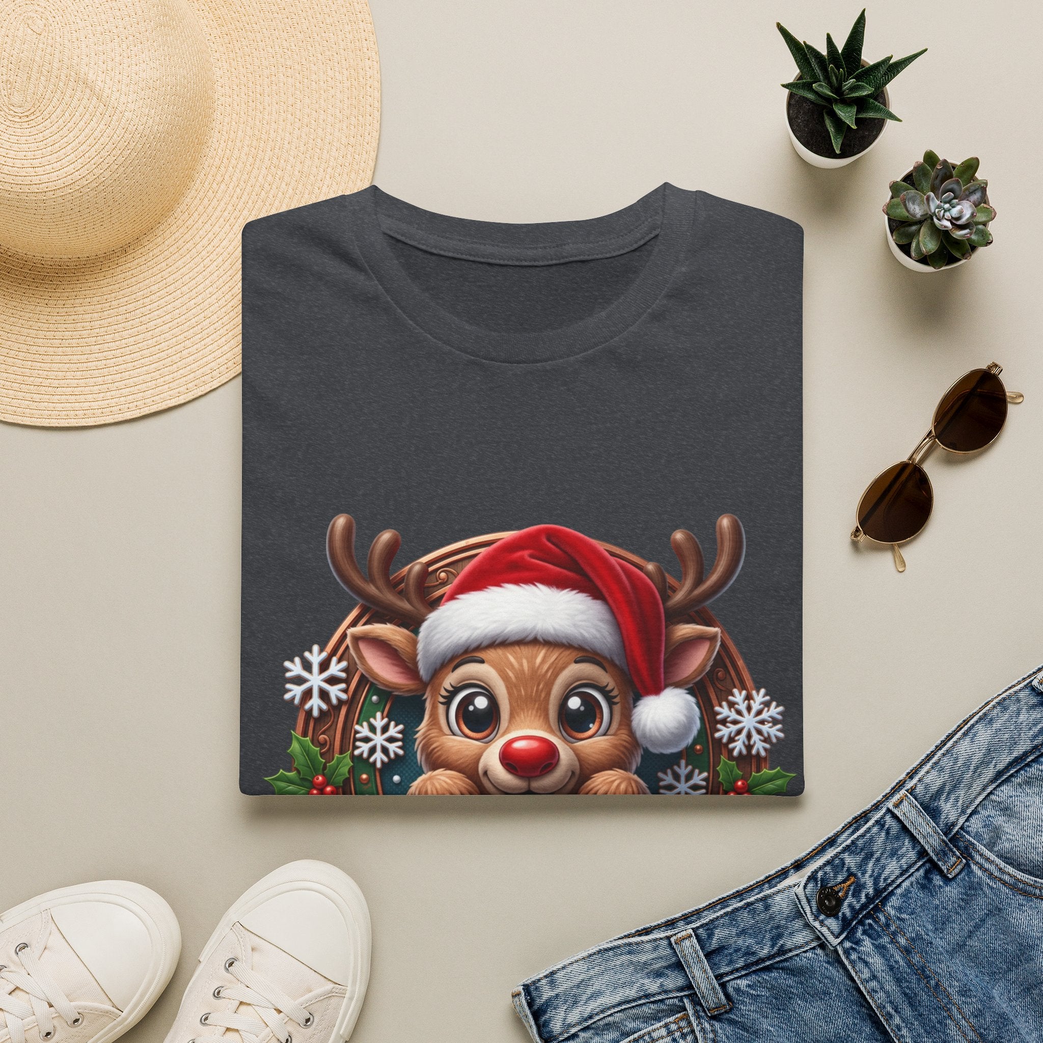 Cute Red-Nosed Reindeer print on a Dark Heather Grey t-shirt, folded beside a straw hat and jeans