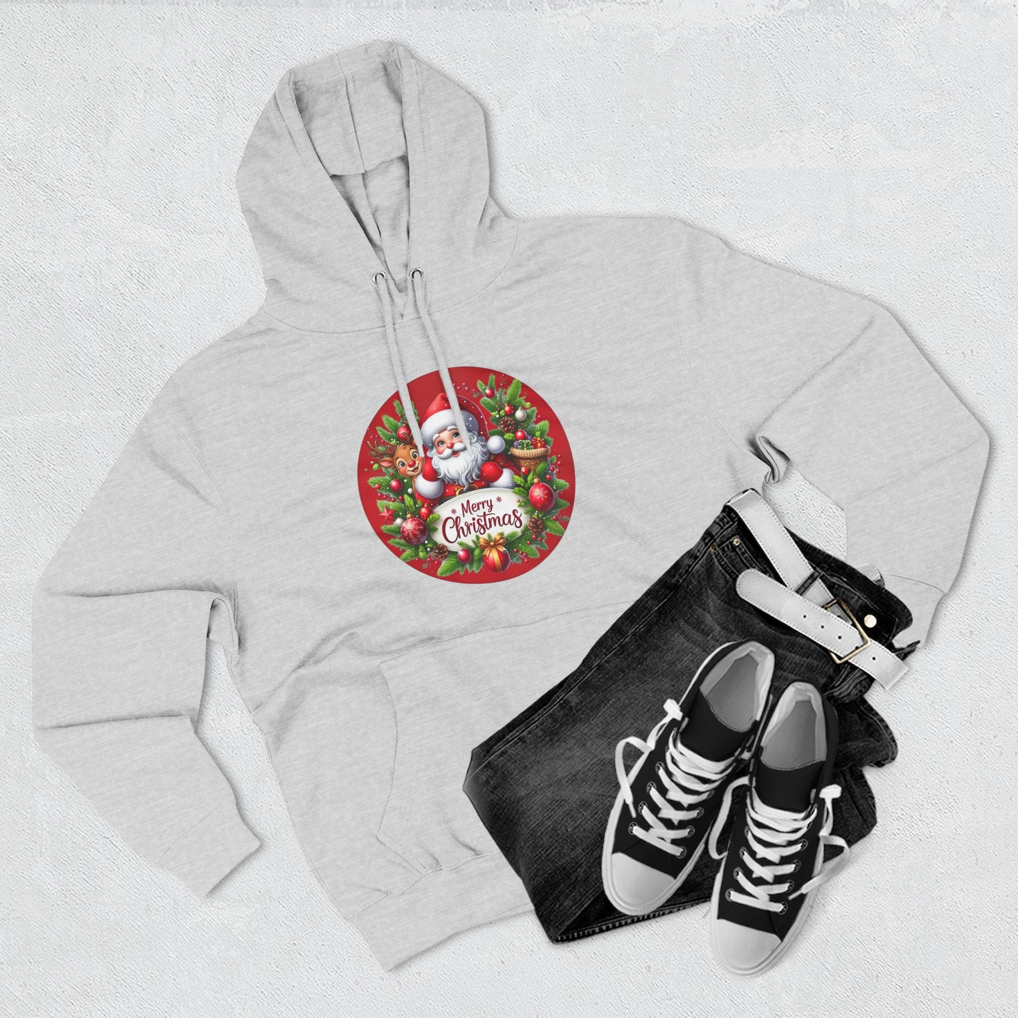 Santa & Reindeer Merry Christmas Wreath Hoodie