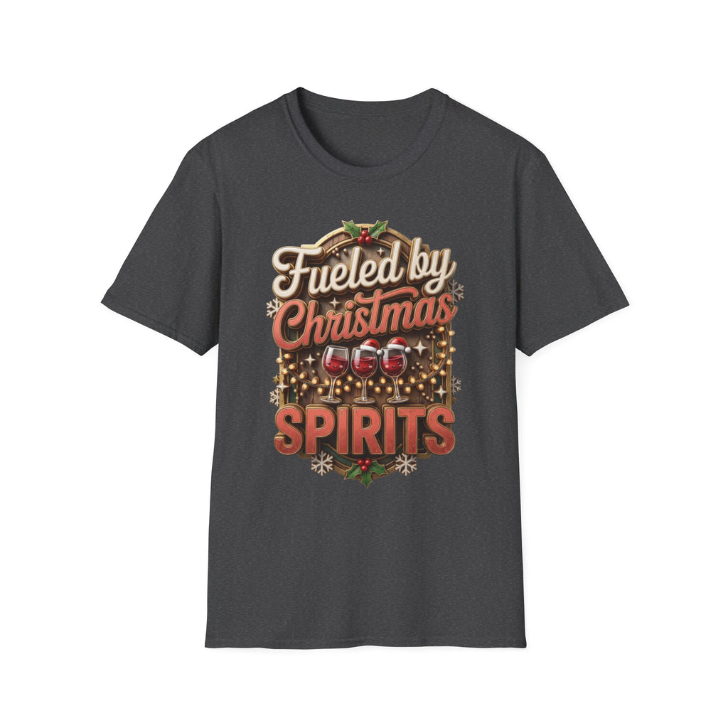 Fueled by Christmas Spirits Wine print on the front of a Dark Heather t-shirt, laid flat on white