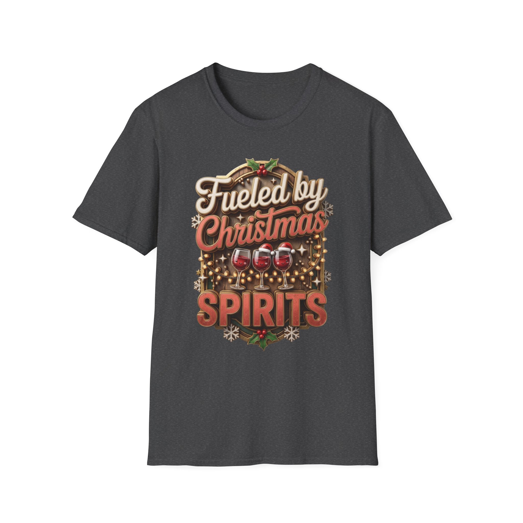 Fueled by Christmas Spirits Wine print on the front of a Dark Heather t-shirt, laid flat on white