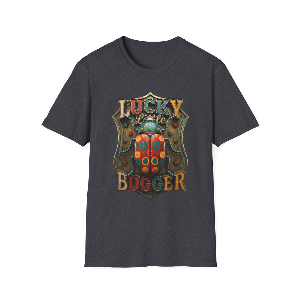 Lucky Little Bugger Vintage Beetle print on the front of a Dark Heather Grey t-shirt, laid flat on white