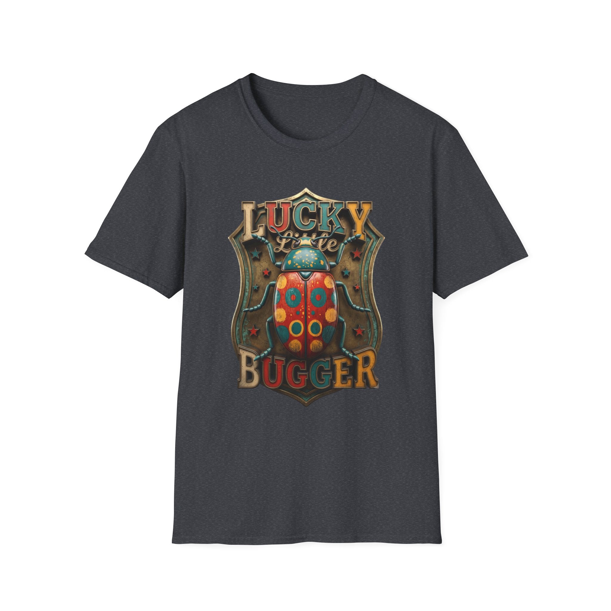 Lucky Little Bugger Vintage Beetle print on the front of a Dark Heather Grey t-shirt, laid flat on white