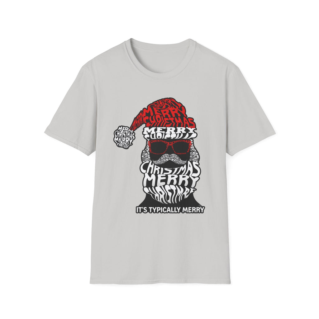 Cool Santa Sunglasses Typography Merry print on the front of an Ice Grey t-shirt, laid flat on white