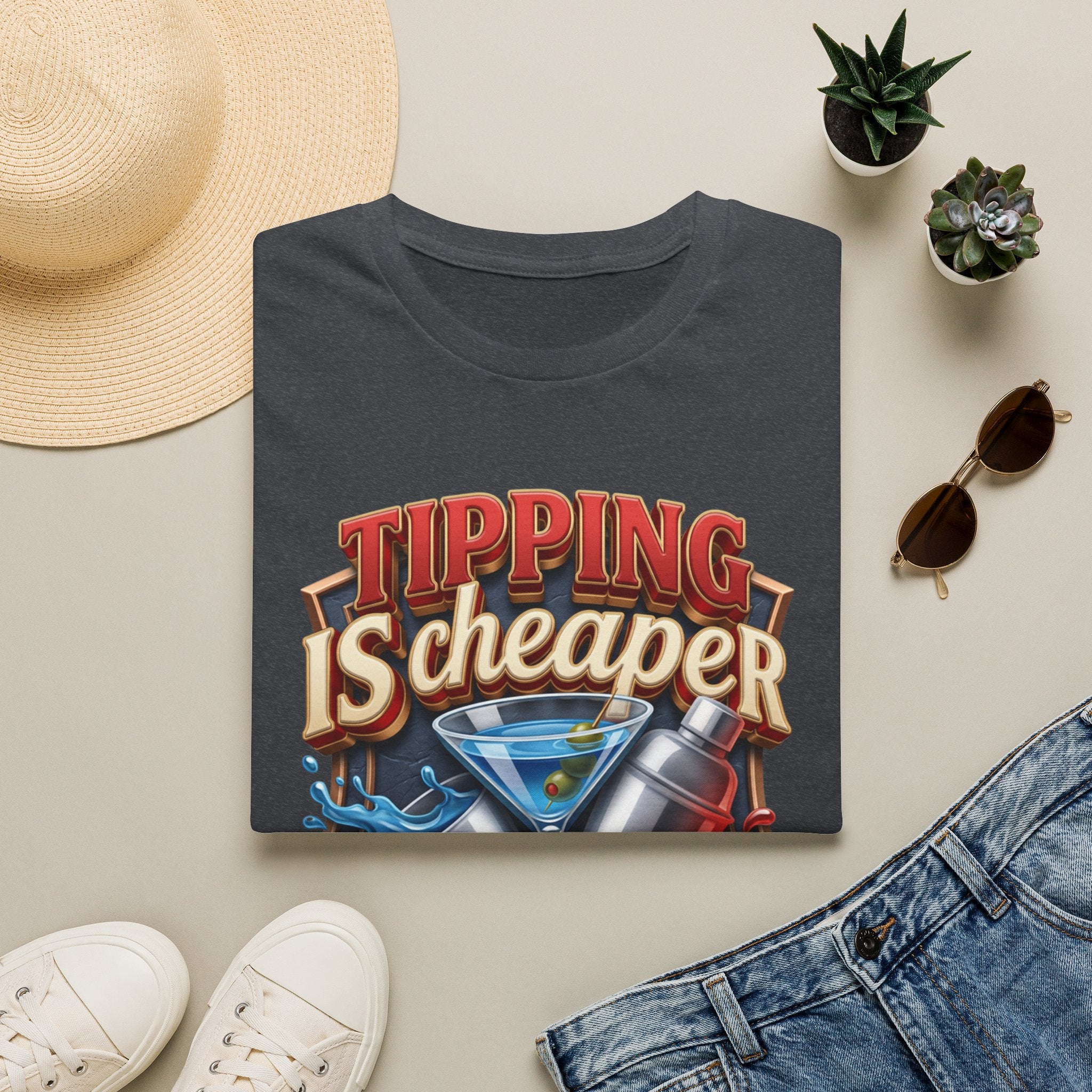 Tipping Is Cheaper Than Therapy Bartender print on a Dark Heather Grey t-shirt, folded beside a straw hat and jeans