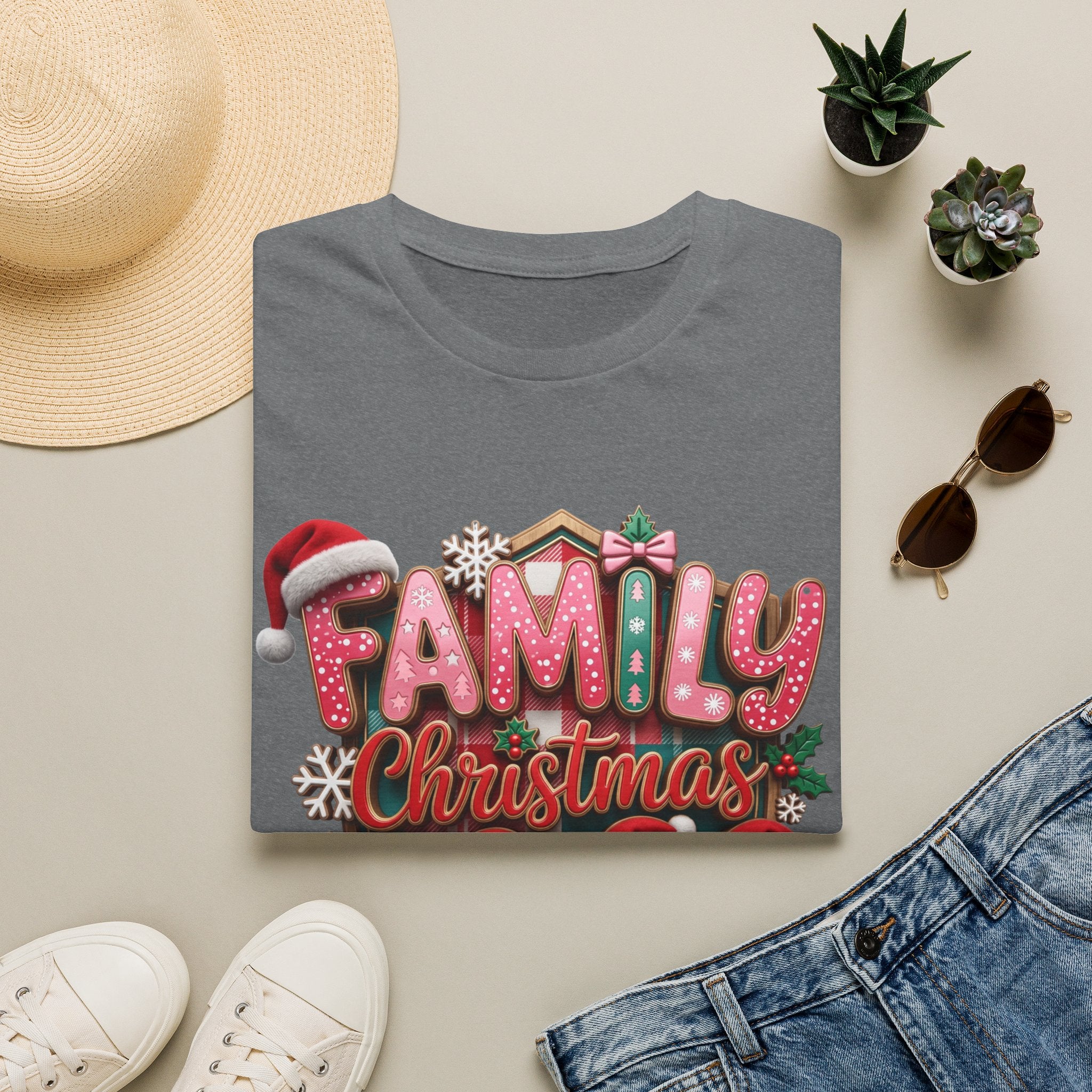 Family Christmas 2026 Making Memories Together print on a Graphite Heather t-shirt, folded beside a straw hat and jeans