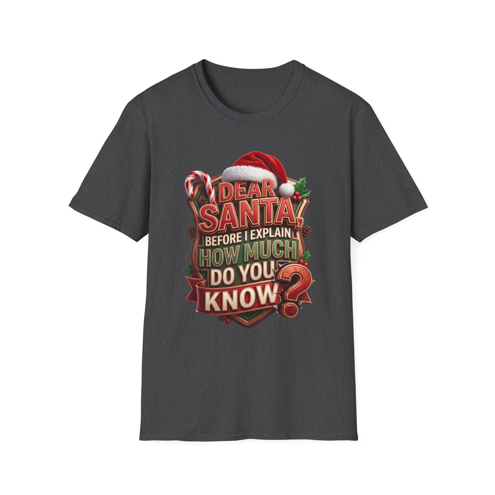 Dear Santa Before I Explain print on the front of a Dark Heather t-shirt, laid flat on white