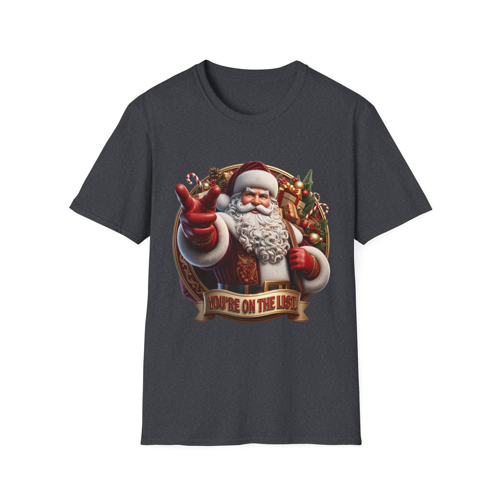 Santa You're On The List Pointing print on the front of a Dark Heather Grey t-shirt, laid flat on white