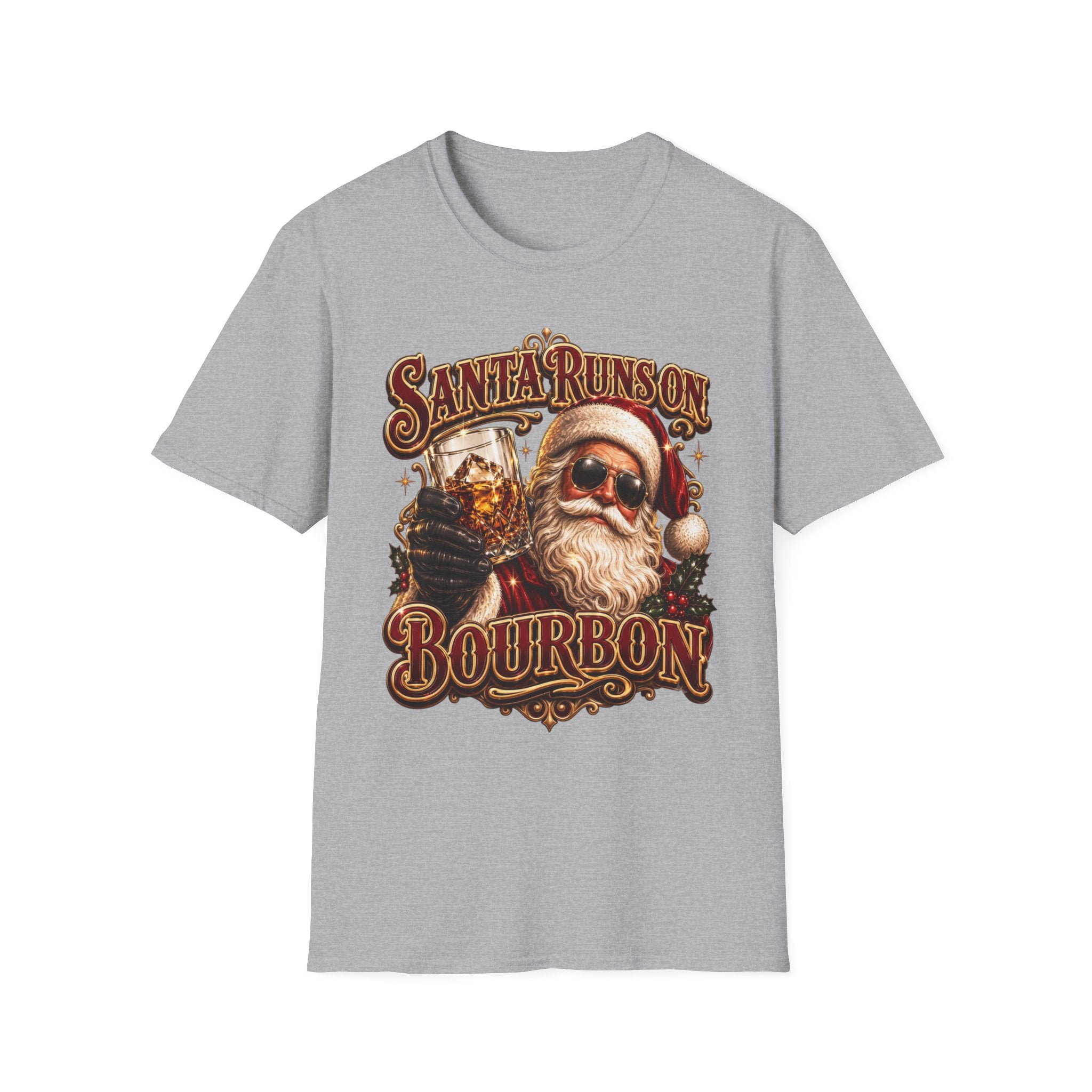 Santa Runs on Bourbon Vintage Whiskey print on the front of a Sport Grey t-shirt, laid flat on white