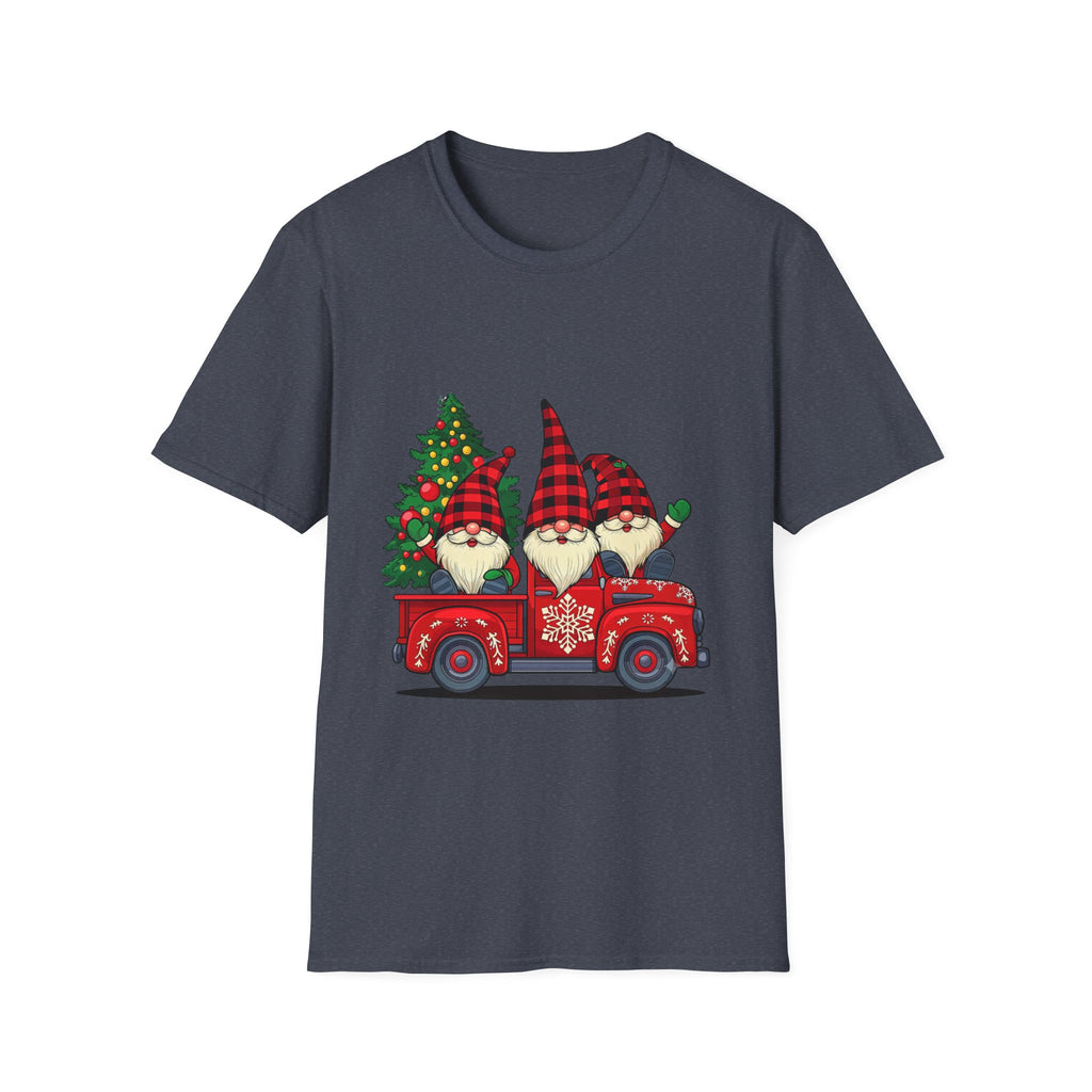 Buffalo Plaid Gnomes Red Truck print on the front of a Heather Navy t-shirt, laid flat on white