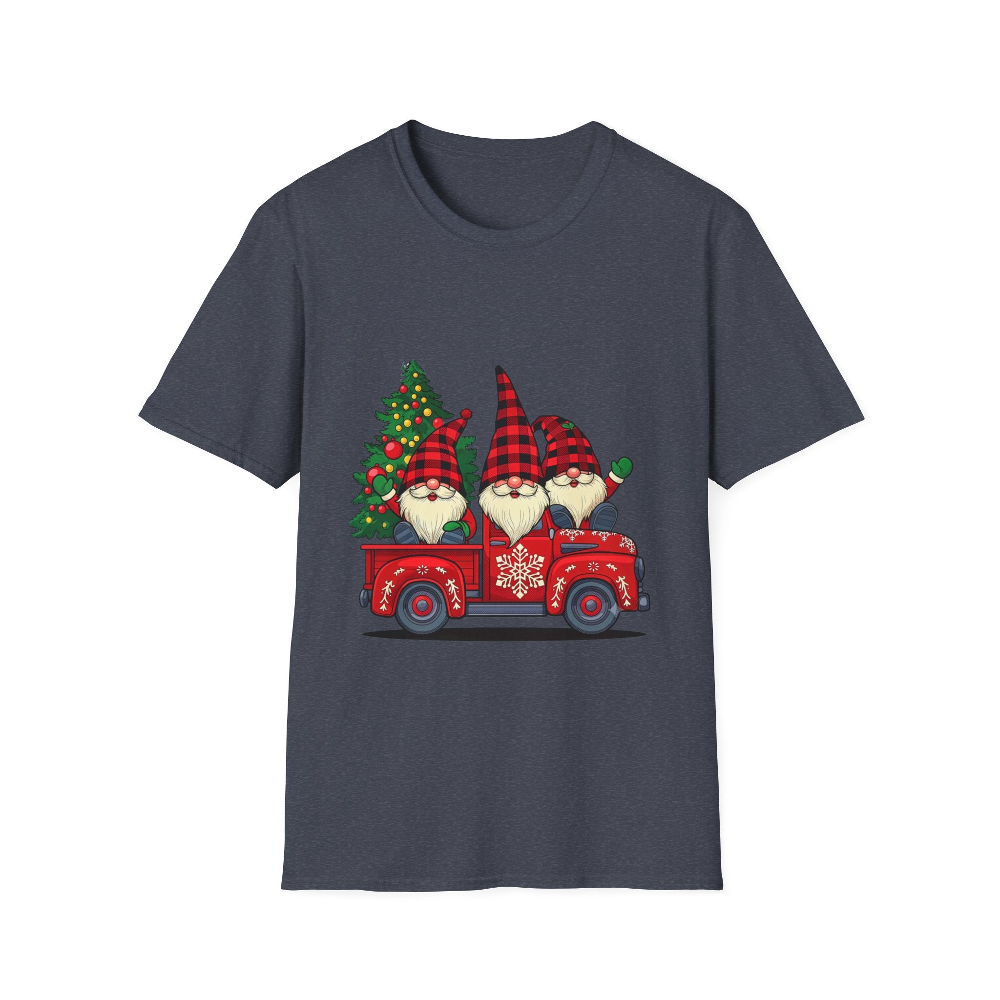 Buffalo Plaid Gnomes Red Truck print on the front of a Heather Navy t-shirt, laid flat on white