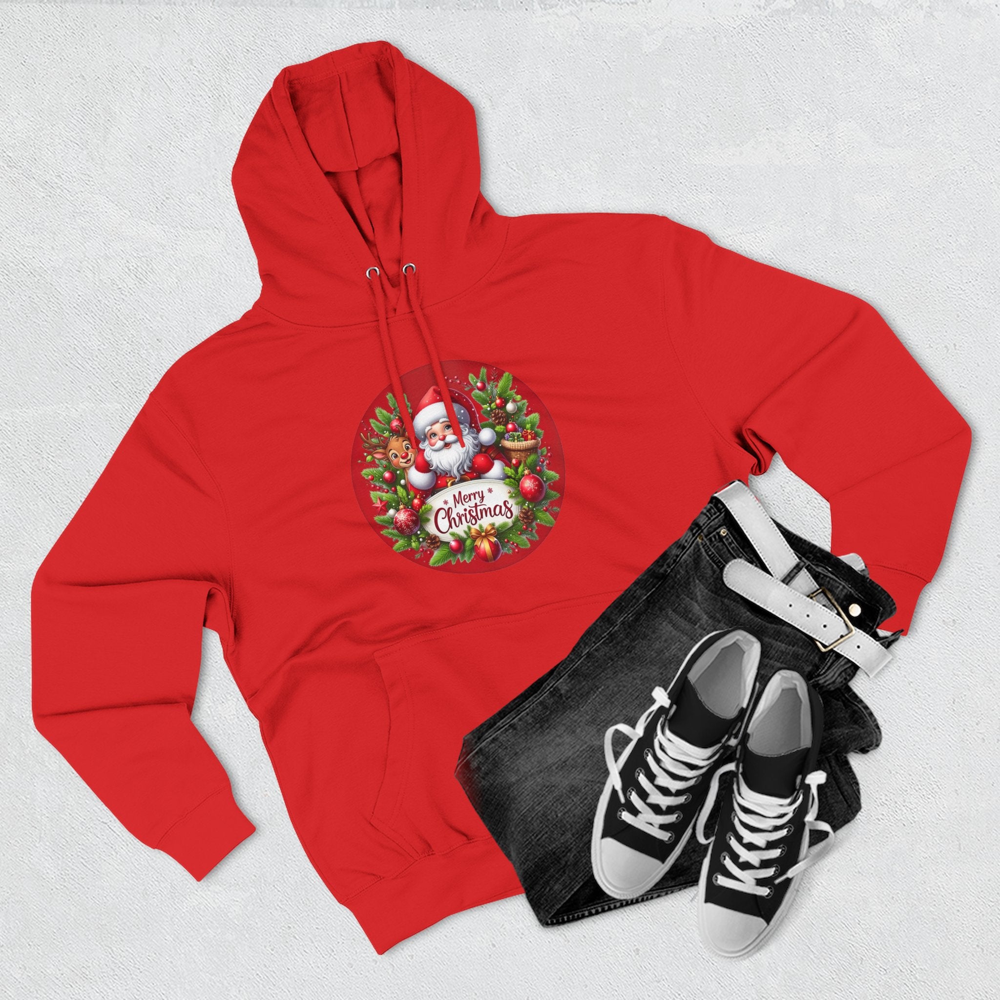 Santa & Reindeer Merry Christmas Wreath Hoodie