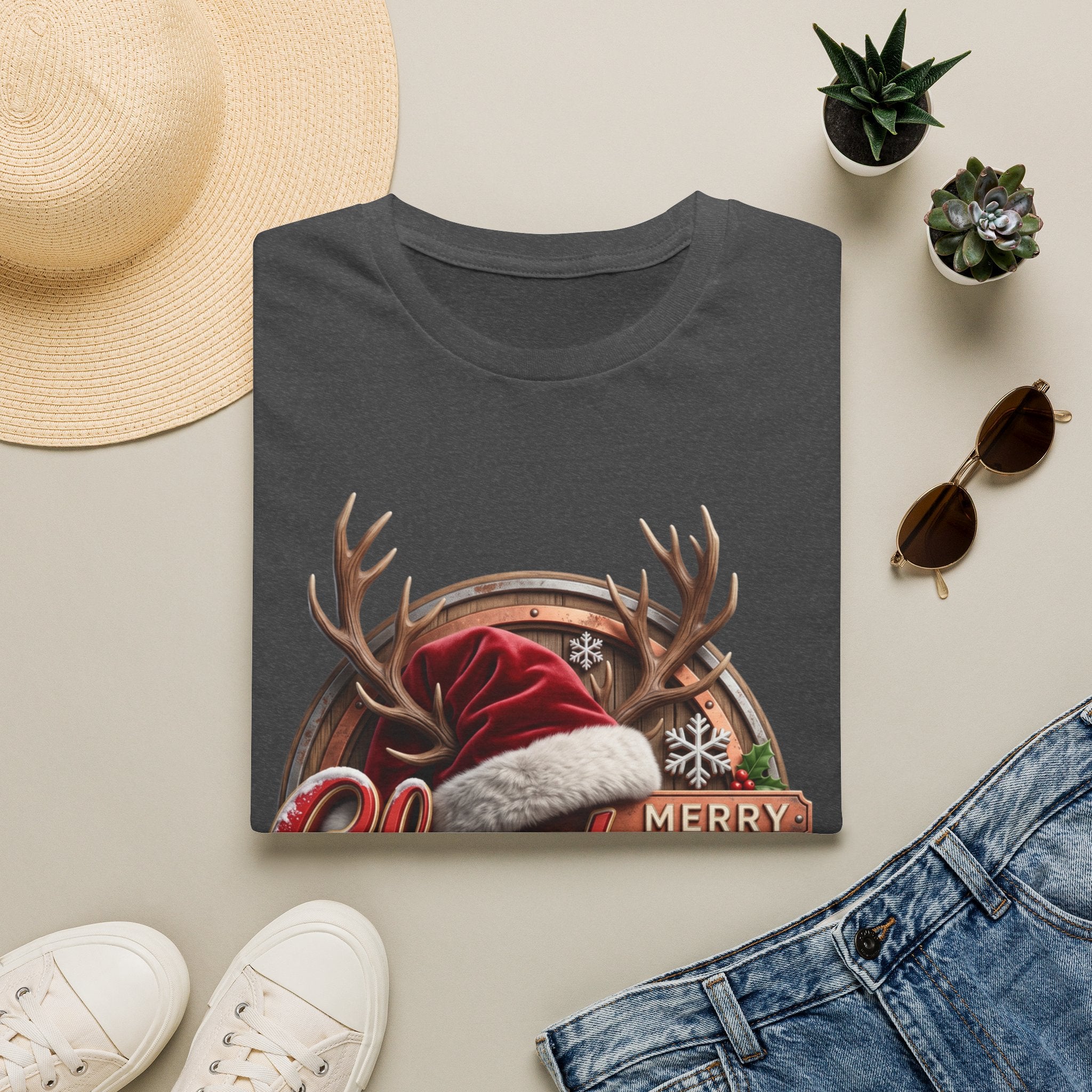Merry Christmas Vintage Santa Hat & Antlers print on a Dark Heather t-shirt, folded beside a straw hat and jeans