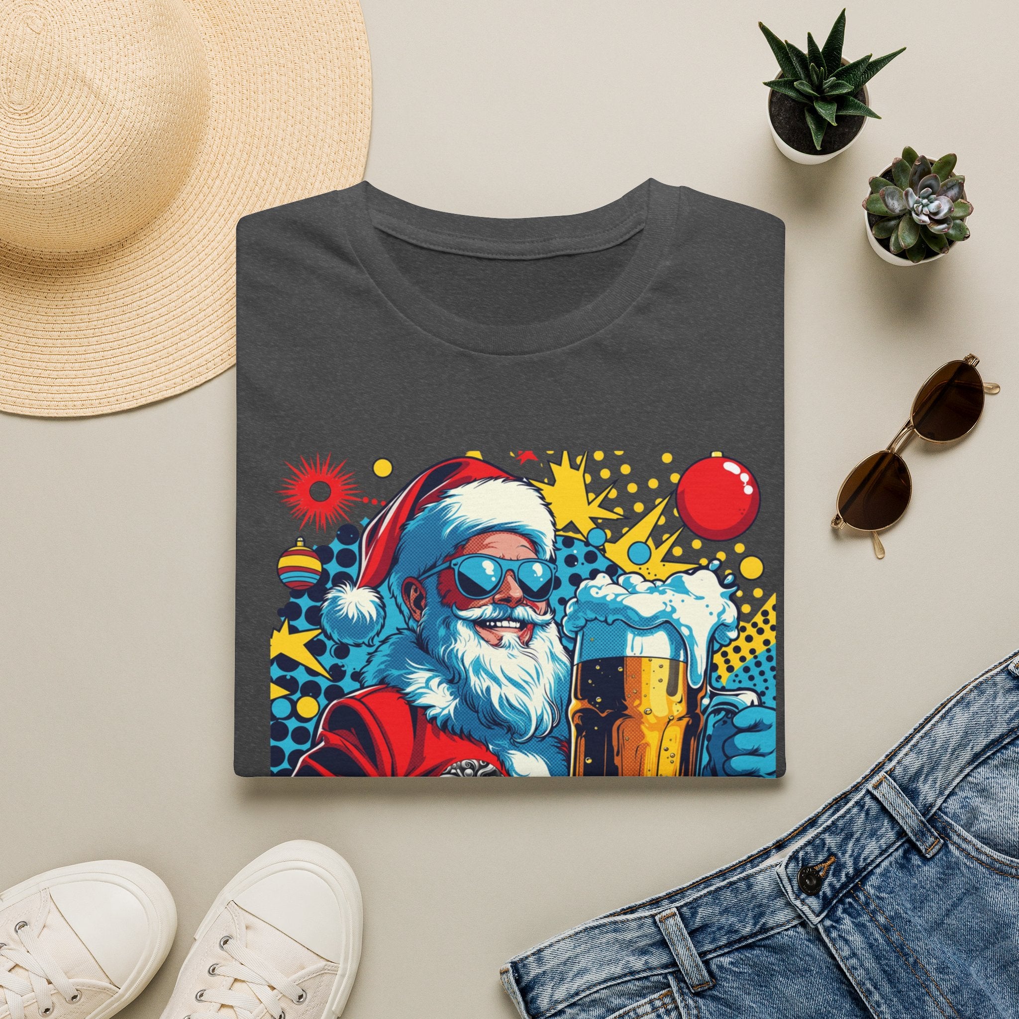 Naughty List Is My People Pop Art Santa Beer T-Shirt, shown in Dark Heather