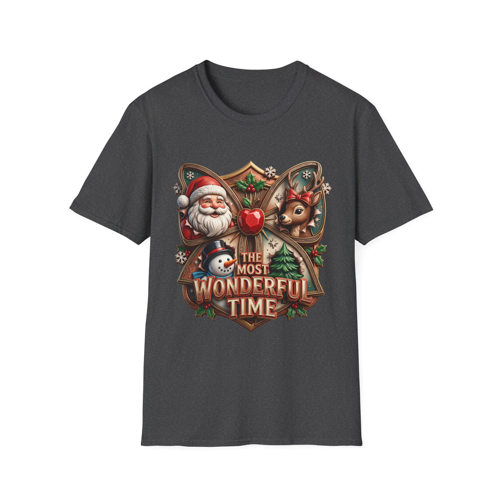 The Most Wonderful Time Wood Crest Santa print on the front of a Dark Heather t-shirt, laid flat on white