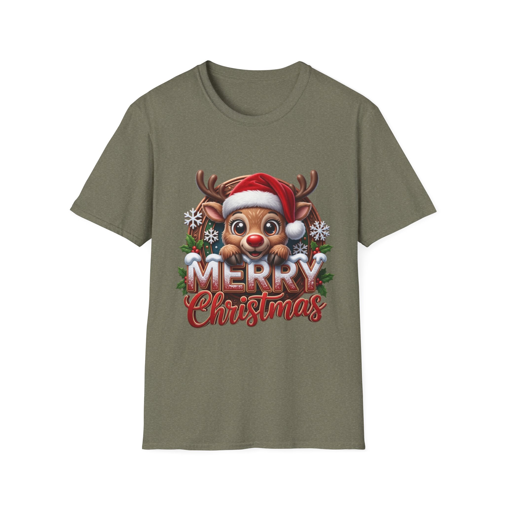Cute Red-Nosed Reindeer print on the front of a Heather Military Green t-shirt, laid flat on white